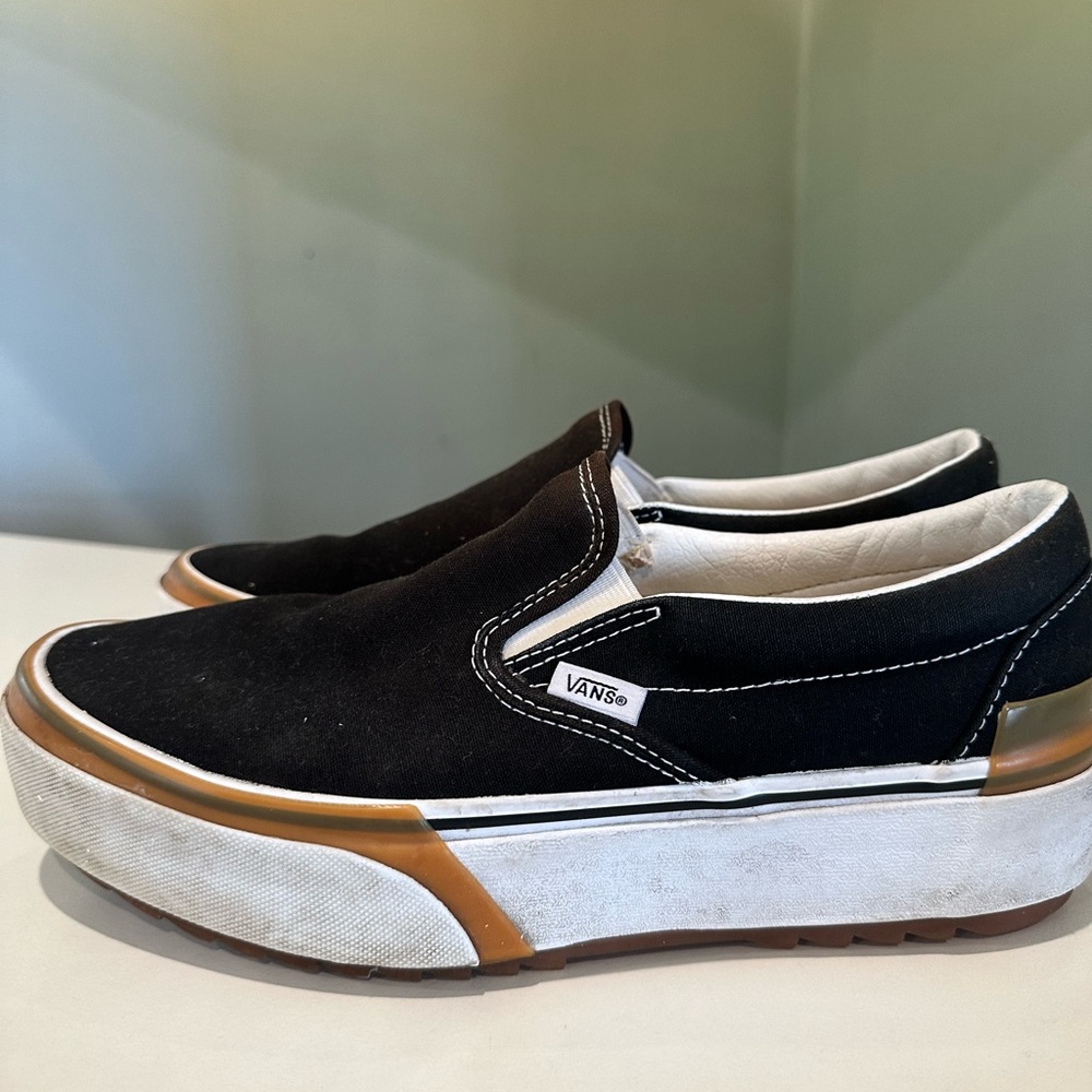 Vans Black and White Platform Slip-Ons